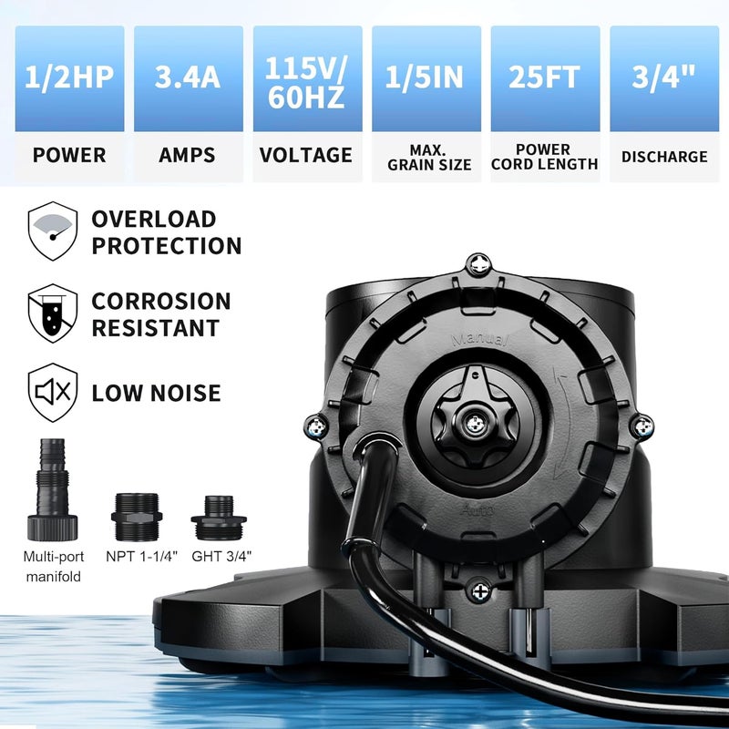 LANCHEZ 1/2HP Automatic Swimming Pool Cover Pump, 2250GPH Submersible Water Sump Pump with Check Valve & 3 Adapters, 25ft Power Cord, Removal for Swimming Pool, Hot Tubs, Rooftops, Water Beds and more - Image 2